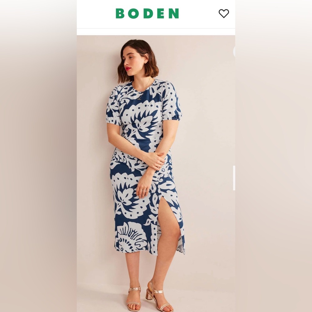 Boden Back Detail Jersey Midi Dress Sapphire Oak Terrace Puff Sleeve US 16-18 R